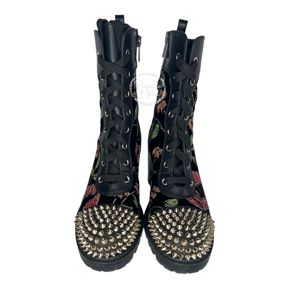 Christian Louboutin Croc Floral Studded Hiking Ankle Boots Black Spike Studded - Picture 13 of 15